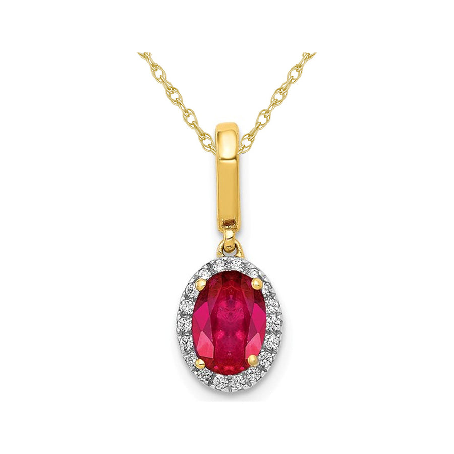 0.99 Carat (ctw) Ruby Solitaire Pendant Necklace in 14K Yellow Gold with Diamonds and Chain Image 1
