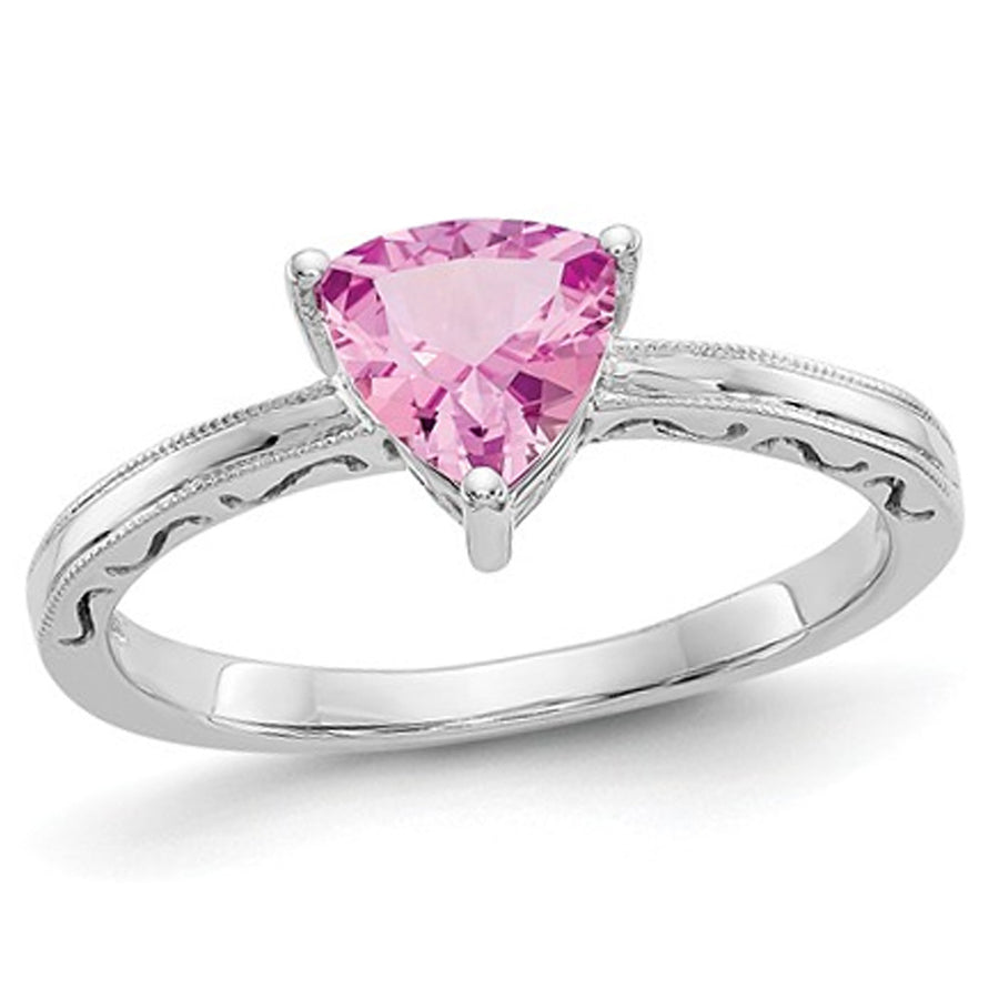 1.00 Carat (ctw) Trillion Cut Lab Created Pink Sapphire Ring in 10K White Gold Image 1