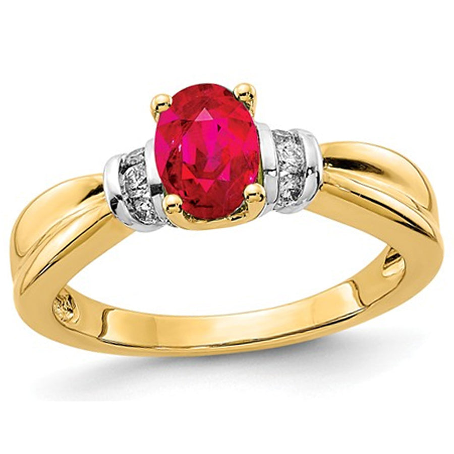 1.00 Carat (ctw) Natural Ruby Ring in 14K Yellow Gold with 1/10 Carat (ctw) Diamonds Image 1