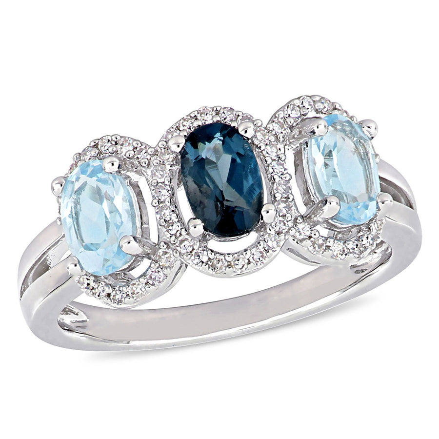 1.60 Carat (ctw) Blue Topaz Ring Three Stone Ring in Sterling Silver with Accent Diamonds Image 1