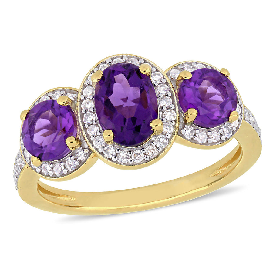 1.60 Carat (ctw) Amethyst Three Stone Ring with Diamonds 1/4 Carat (ctw) in Yellow Plated Sterling Silver Image 1