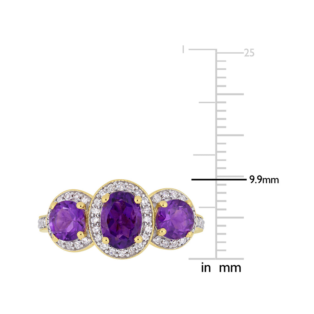1.60 Carat (ctw) Amethyst Three Stone Ring with Diamonds 1/4 Carat (ctw) in Yellow Plated Sterling Silver Image 2