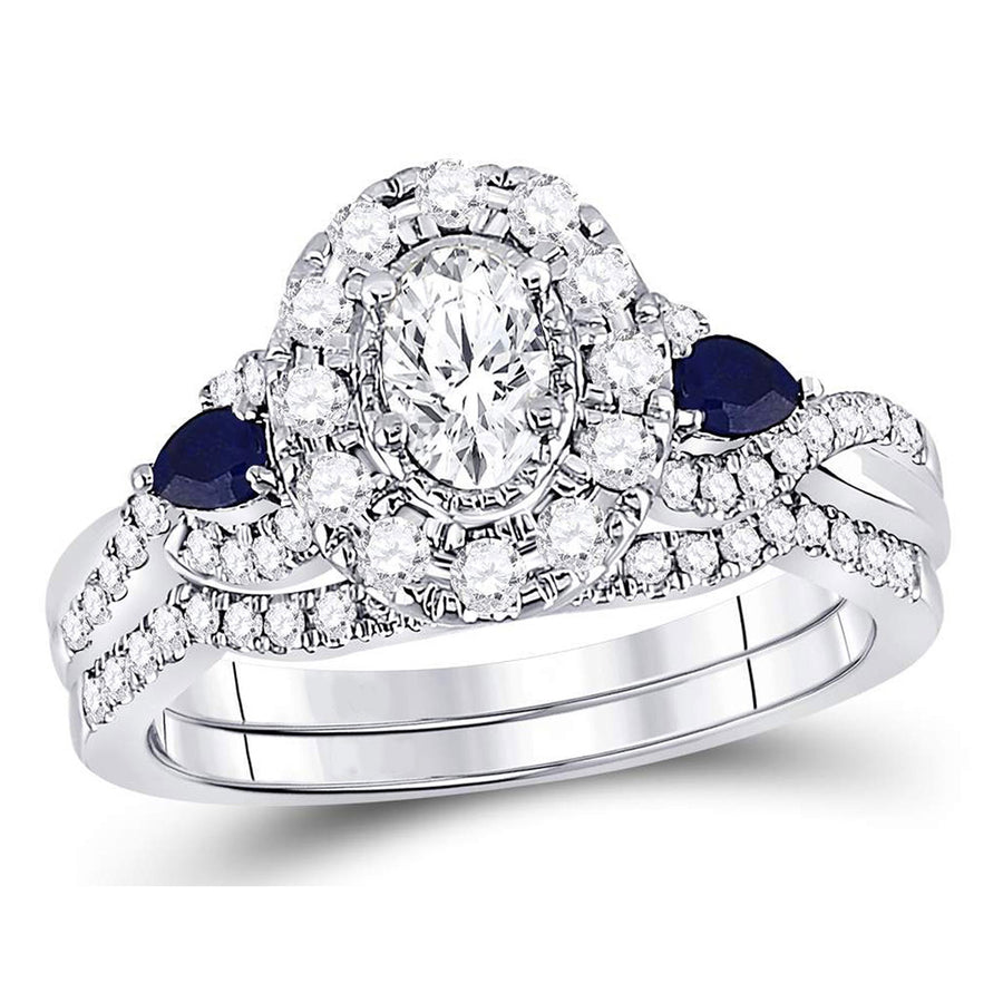 4/5 Carat (ctw G-HI1-I2) Diamond Engagement Ring and Wedding Band Set in 14K White Gold with Blue Sapphires Image 1