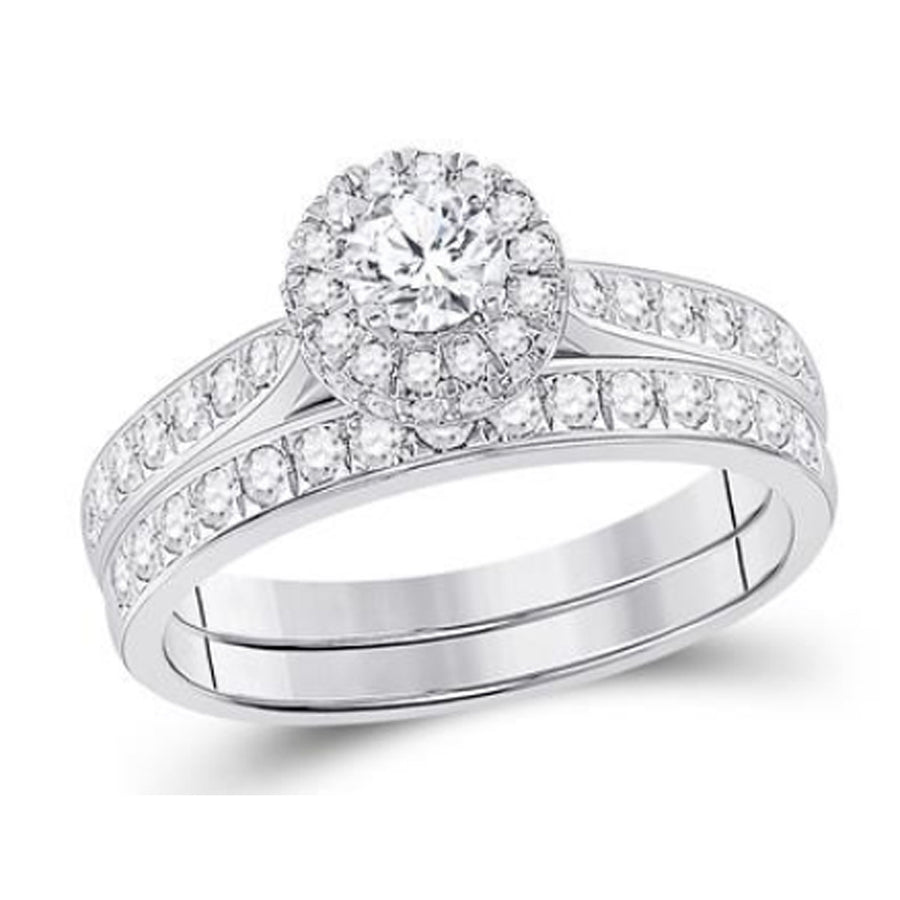 1.00 Carat (ctw G-HI1) Halo Diamond Engagement Ring Bridal Wedding Band Set 14K White Gold Image 1