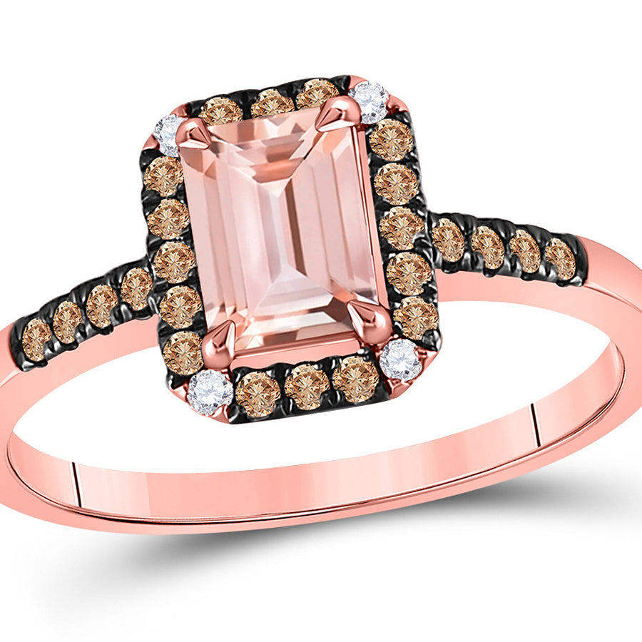 1.00 Carat (ctw) Emerald-Cut Morganite Ring in 10K Rose Gold with Champagne Brown Diamonds Image 1