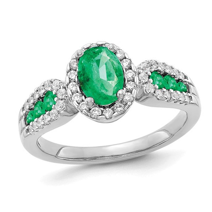 1.00 Carat (ctw) Natural Emerald Ring in 14K White Gold with Diamonds Image 1