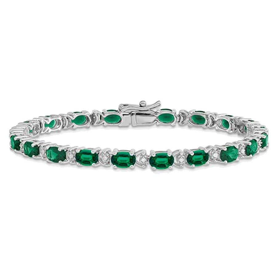 10.50 Carat (ctw) Lab Created Emerald Bracelet in 14K White Gold with Diamonds Image 1