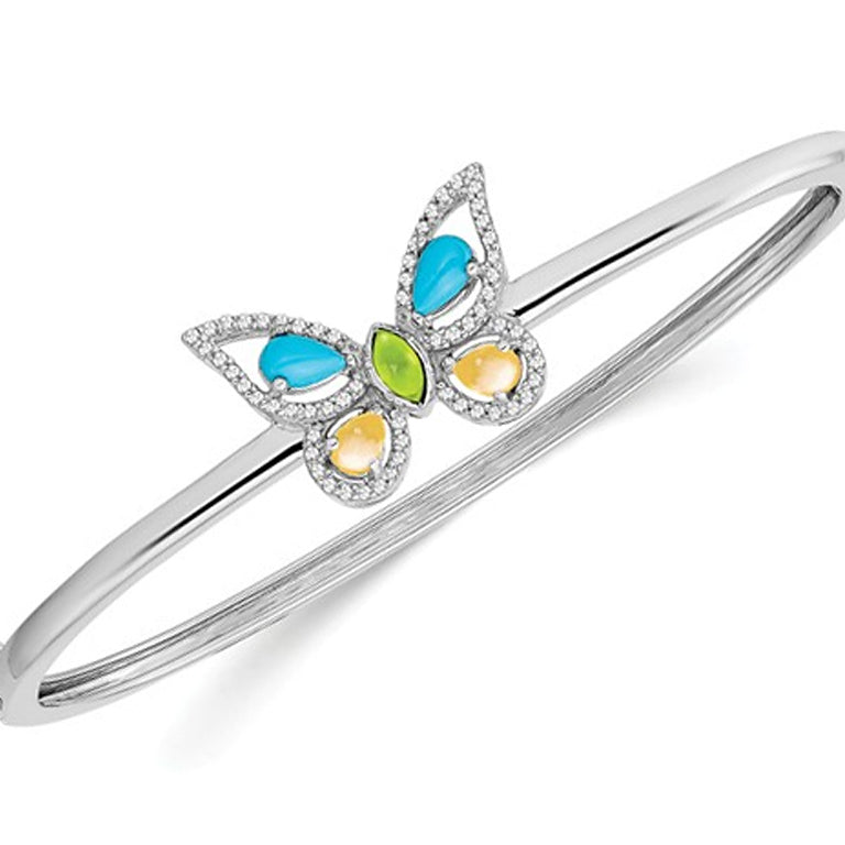 1.40 Carat (ctw) PeridotCitrineTurquoise Butterfly Bangle Bracelet in 14K White Gold Image 1