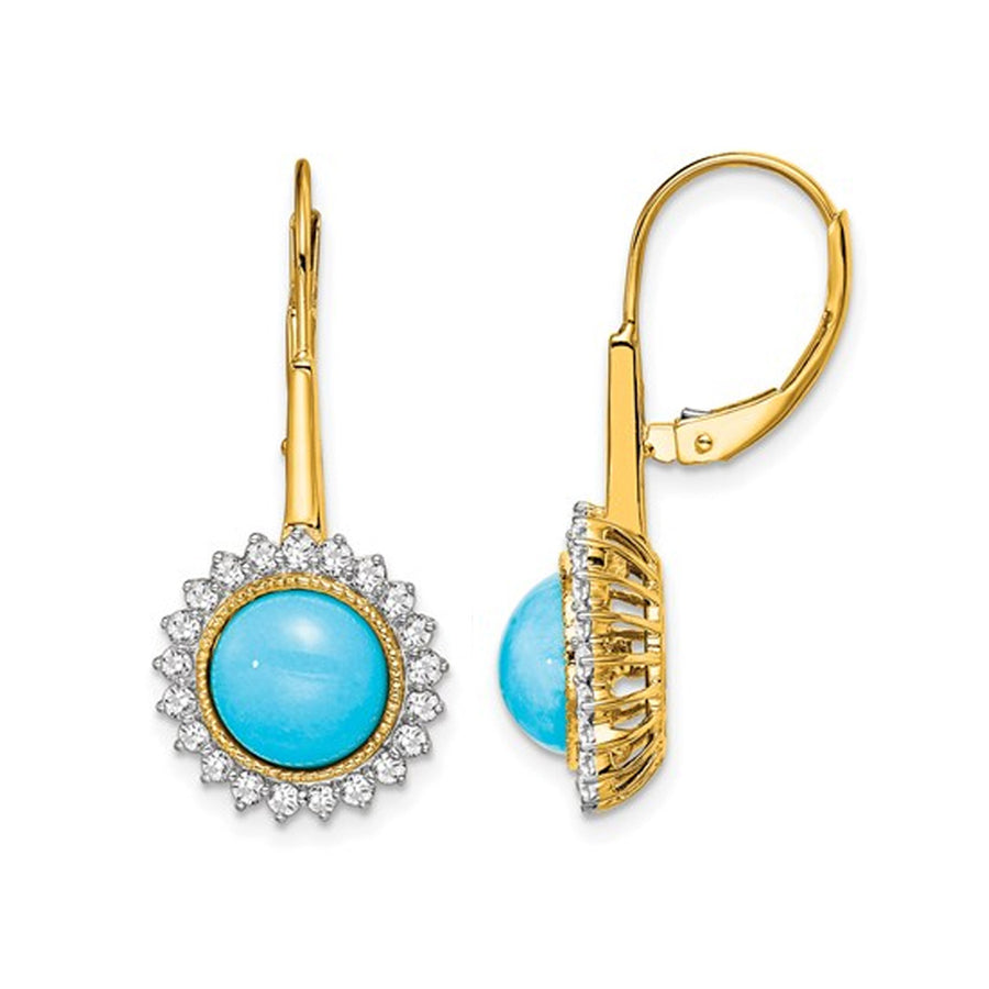 2.85 Carat (ctw) Turquoise Dangling Leverback Earrings in 14K Yellow Gold with Diamonds Image 1