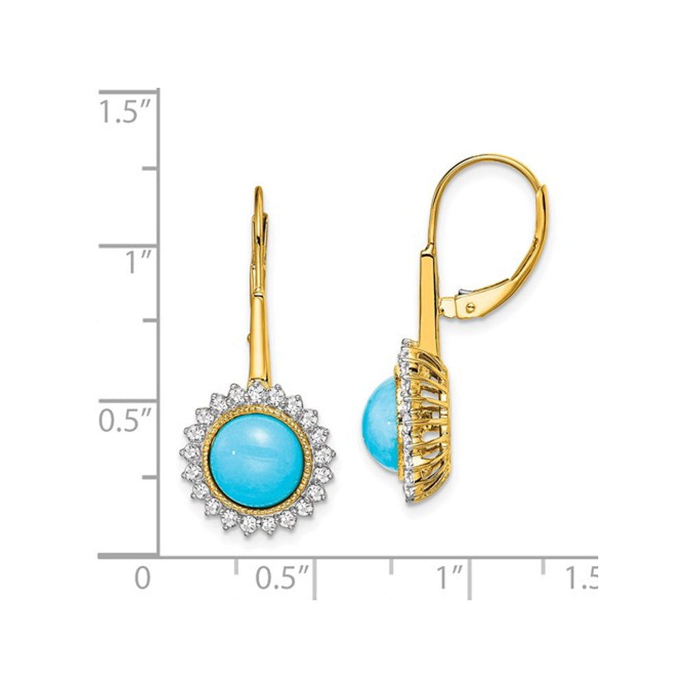 2.85 Carat (ctw) Turquoise Dangling Leverback Earrings in 14K Yellow Gold with Diamonds Image 2