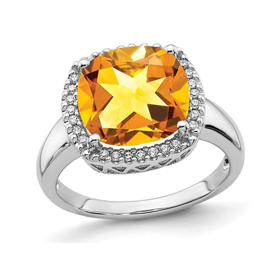5.40 Carat (ctw) Large Cushion-Cut Citrine Ring in 14K White Gold with Diamonds Image 1