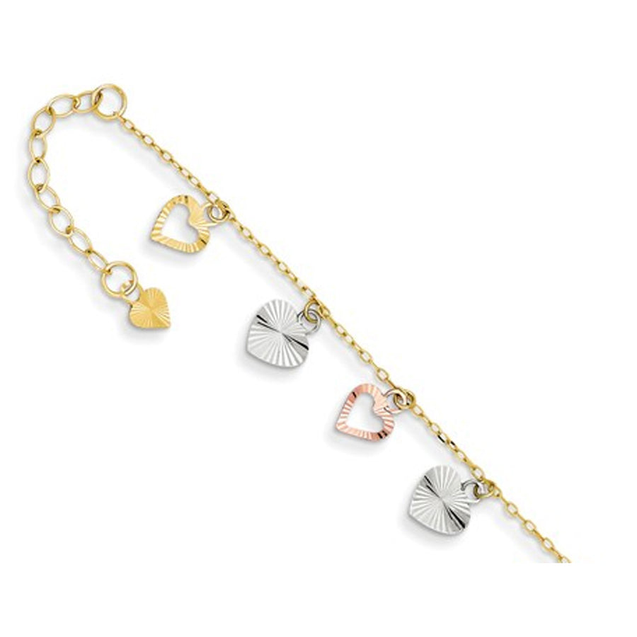 Diamond Cut Adjustable Heart Anklet in 14K YellowWhite and Pink Gold 9 Inches Image 1