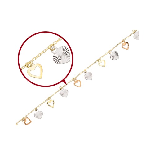 Diamond Cut Adjustable Heart Anklet in 14K YellowWhite and Pink Gold 9 Inches Image 2