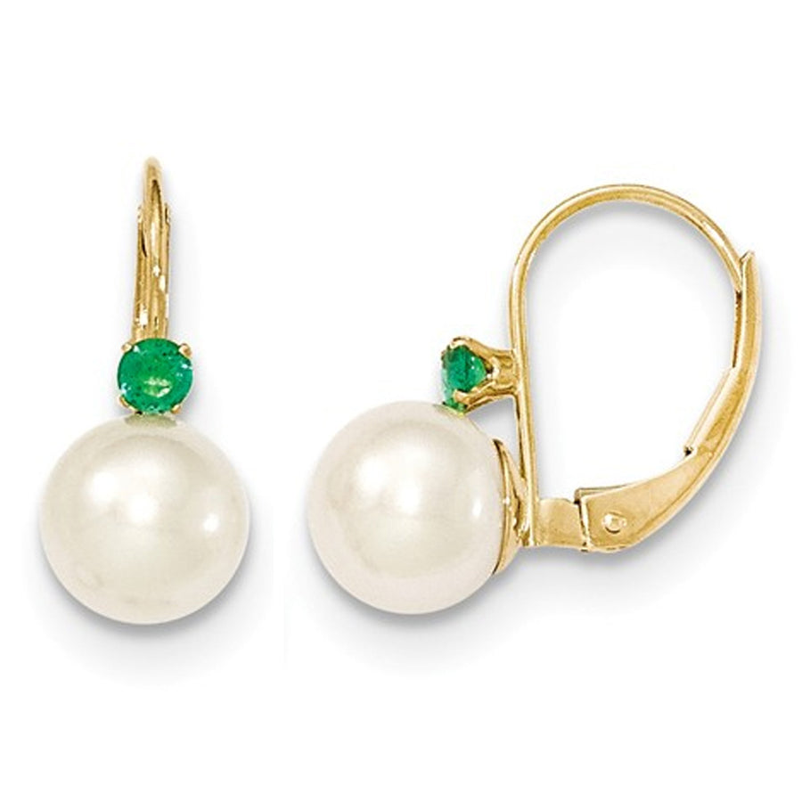 14K Yellow Gold Freshwater Cultured White Pearl 7mm Leverback Earrings with Natural Emeralds Image 1
