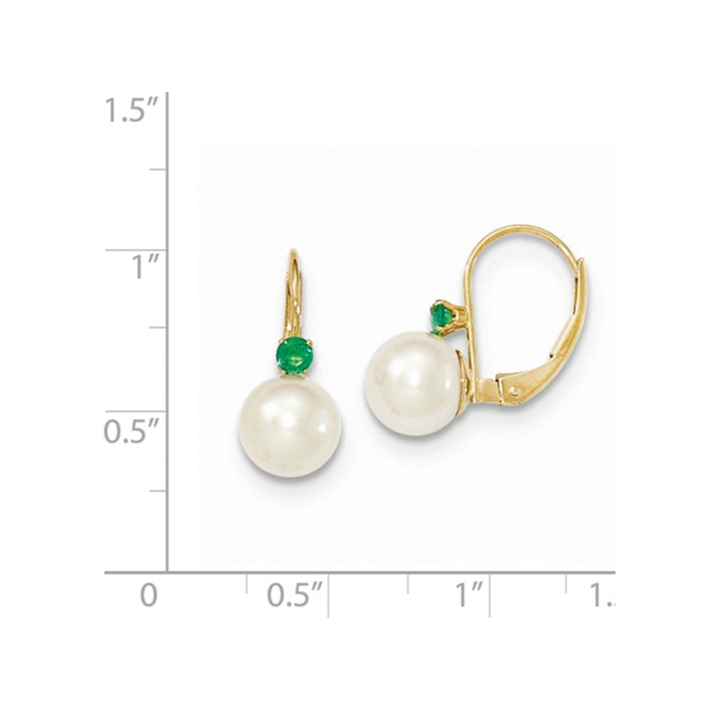 14K Yellow Gold Freshwater Cultured White Pearl 7mm Leverback Earrings with Natural Emeralds Image 2