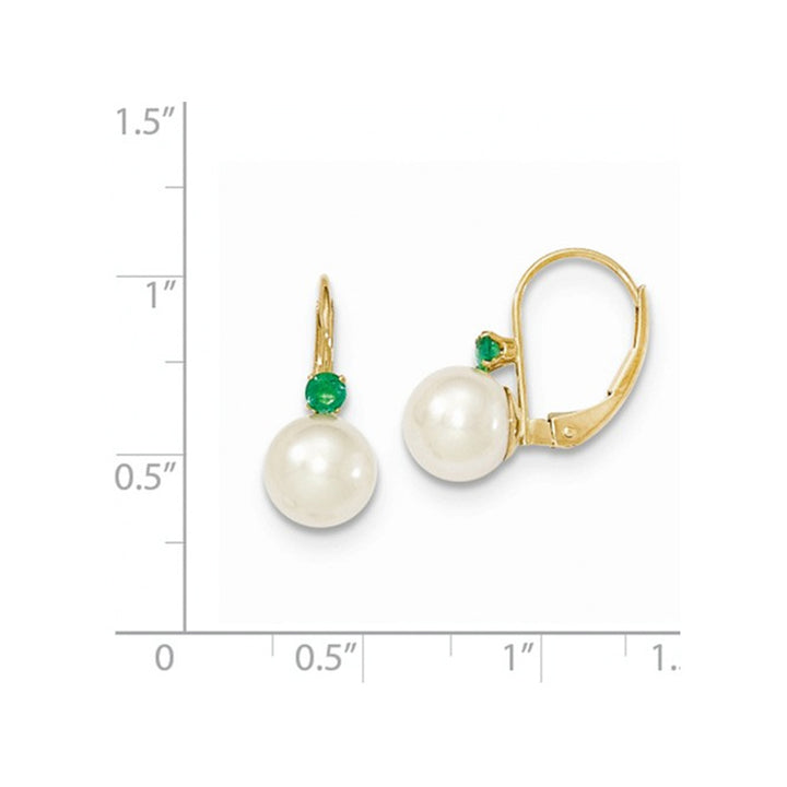 14K Yellow Gold Freshwater Cultured White Pearl 7mm Leverback Earrings with Natural Emeralds Image 2