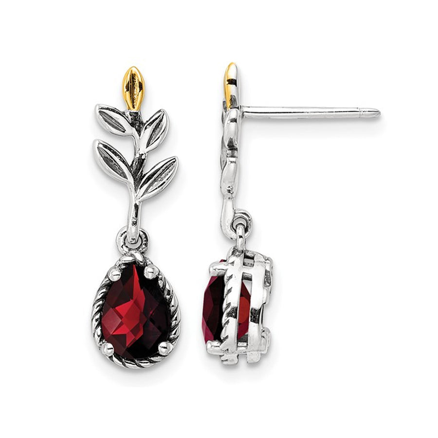 1.50 Carat (ctw) Garnet Leaf Dangle Earrings in Sterling Silver with 14K Gold Accents Image 1