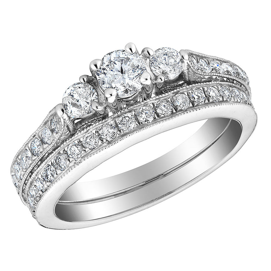 1.50 Carat (ctw H-II2-I3)Three Stone Diamond Engagement Ring and Wedding Band Set in 14K White Gold Image 1