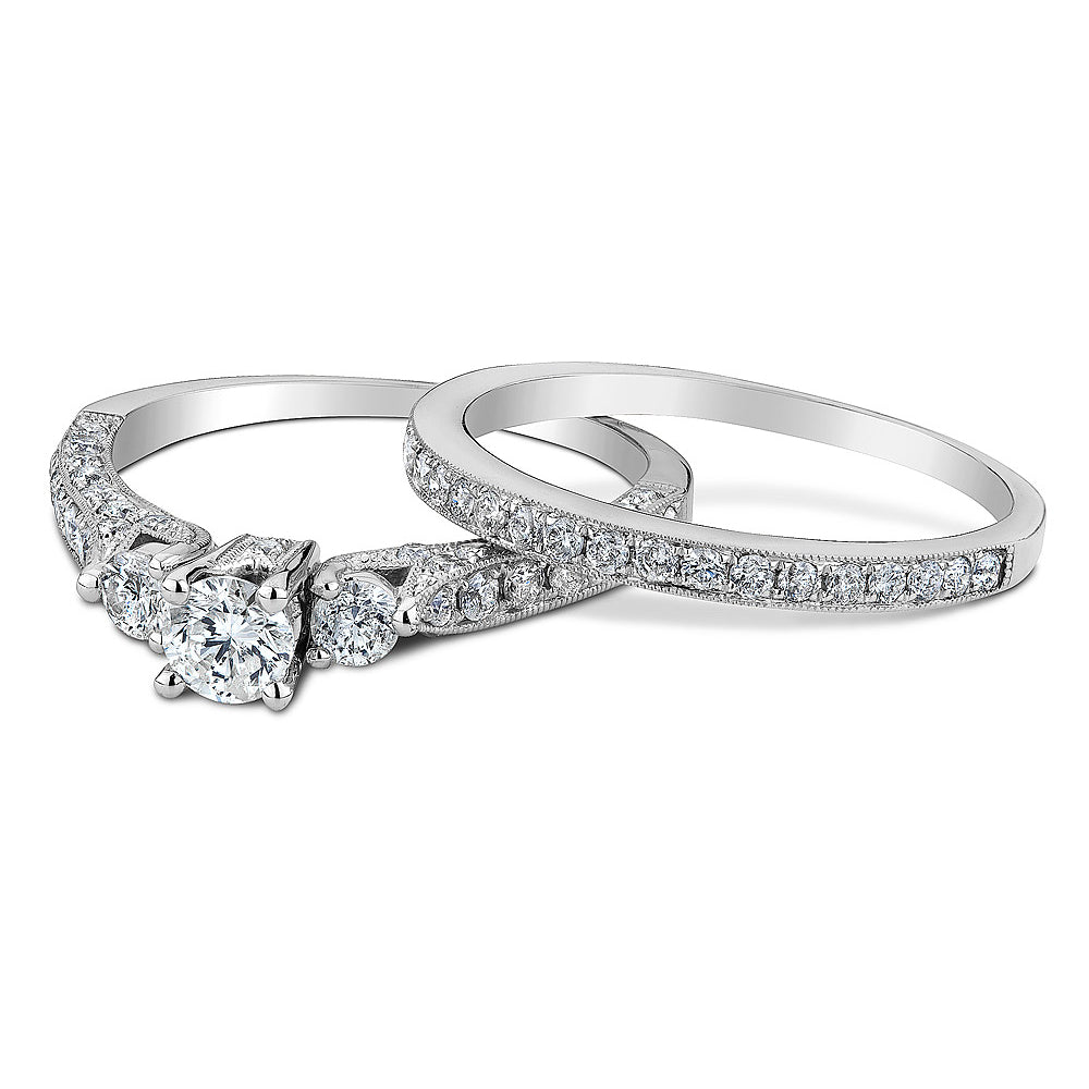 1.50 Carat (ctw H-II2-I3)Three Stone Diamond Engagement Ring and Wedding Band Set in 14K White Gold Image 2