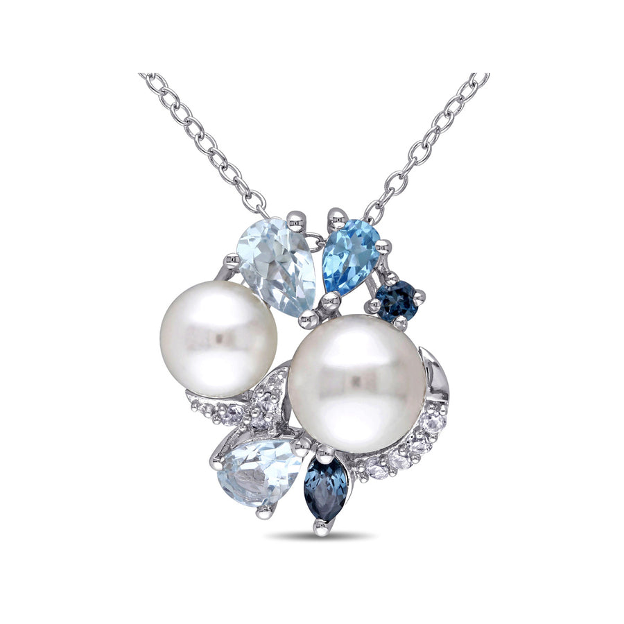 Freshwater Cultured PearlLondonSwiss and Sky Blue TopazCreated Synthetic White Sapphire Cluster Pendant Necklace Image 1