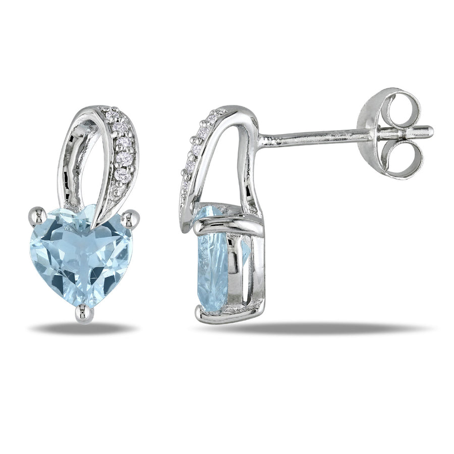 1.30 Carat (ctw) Light Aquamarine Heart Earrings with Accent Diamonds in Sterling Silver Image 1