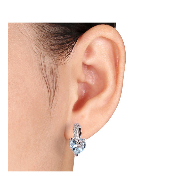 1.30 Carat (ctw) Light Aquamarine Heart Earrings with Accent Diamonds in Sterling Silver Image 2