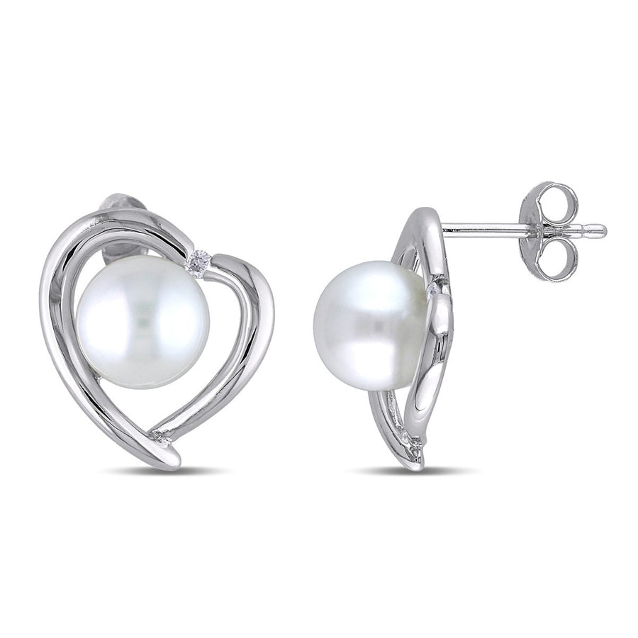 8-8.5mm White Freshwater Cultured Pearl and Diamond Heart Stud Earrings in Sterling Silver Image 1