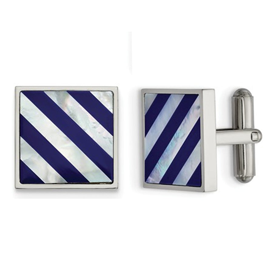 Mens Mother of Pearl Striped Cuff Links in Stainless Steel Image 1