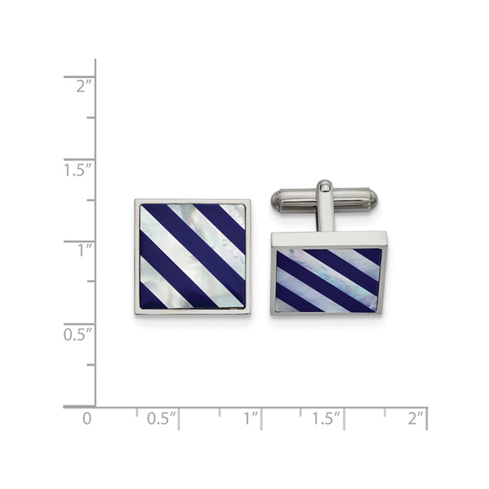 Mens Mother of Pearl Striped Cuff Links in Stainless Steel Image 2