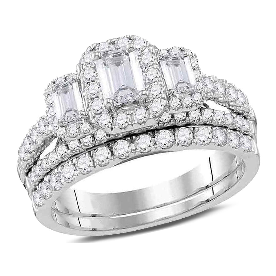 1.50 Carat (ctw G-HSI2-I1) Emerald-Cut Three Stone Diamond Engagement Ring Wedding Set in 14K White Gold Image 1
