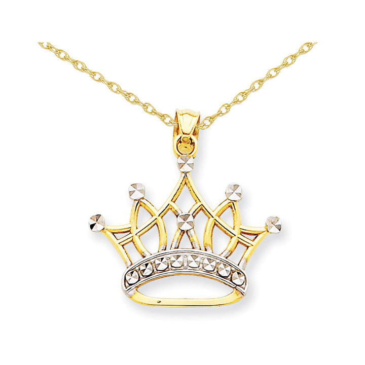 14K Yellow and White Gold Crown Pendant Necklace with Chain Image 1