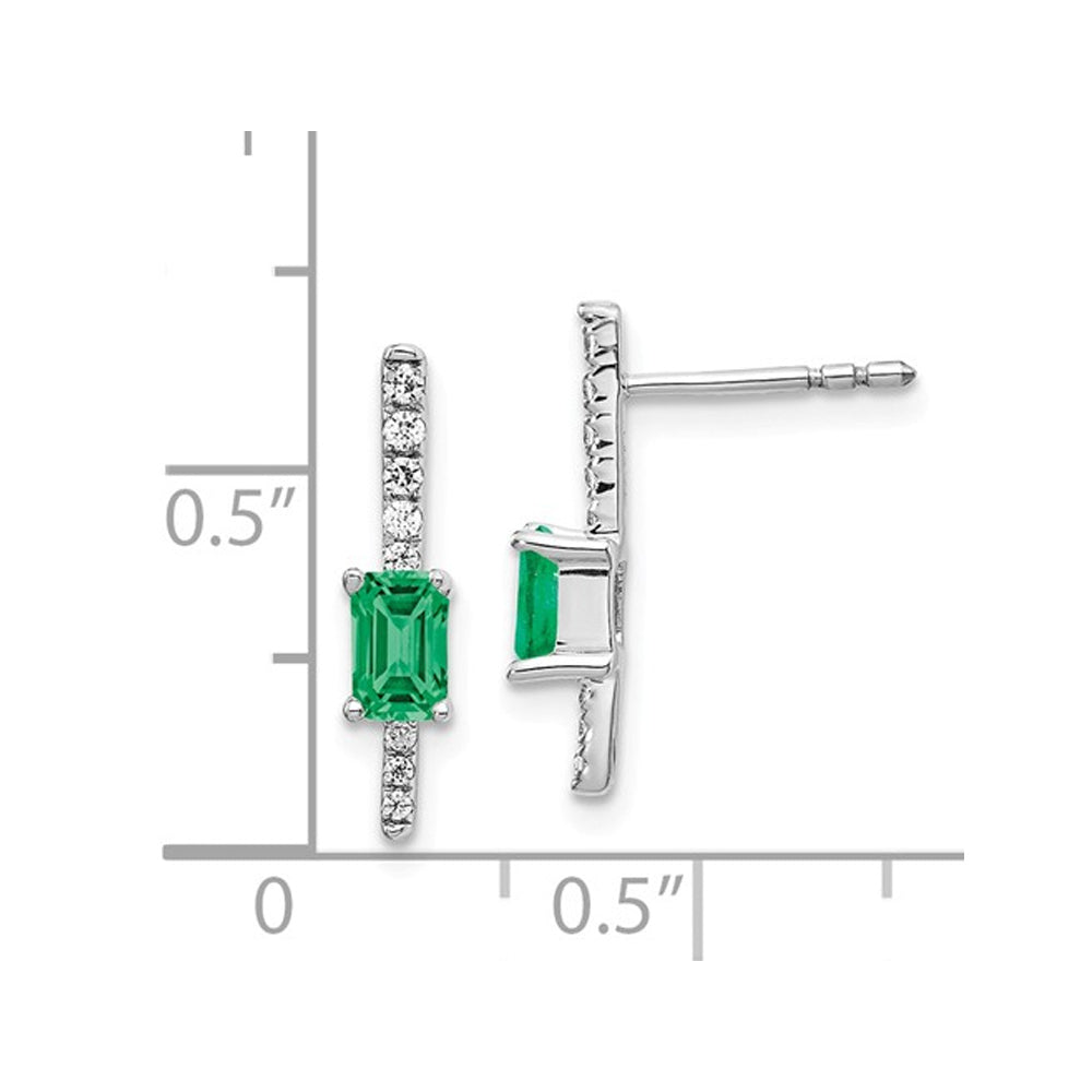 1/3 Carat (ctw) Natural Green Emerald Stick Earrings in 14K White Gold with Diamonds 1/8 Carat (ctw) Image 2