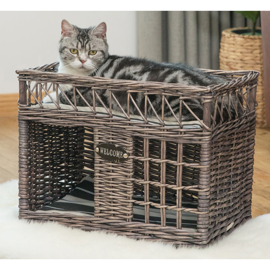 Two-level Willow Pet House with Soft Fabric Cushion For Cat or DogGrey Image 1
