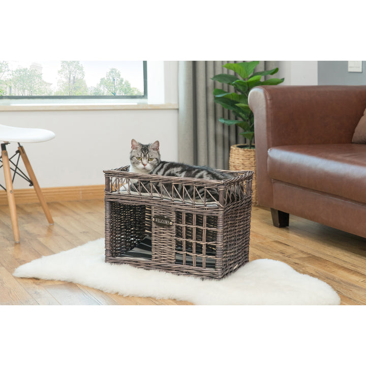 Two-level Willow Pet House with Soft Fabric Cushion For Cat or DogGrey Image 4