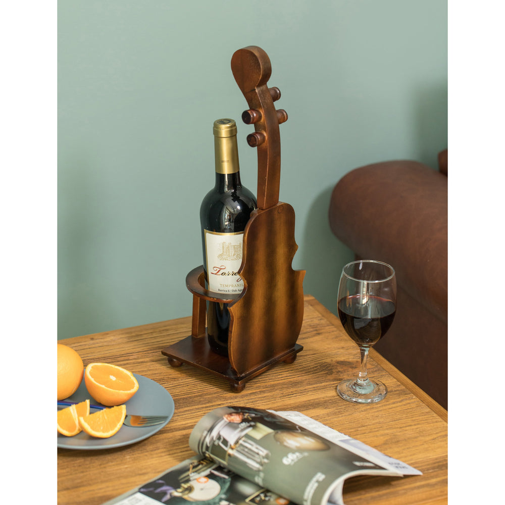 Brown Violin Cello Shaped Vintage Decorative Single Bottle Wine Holder Image 2