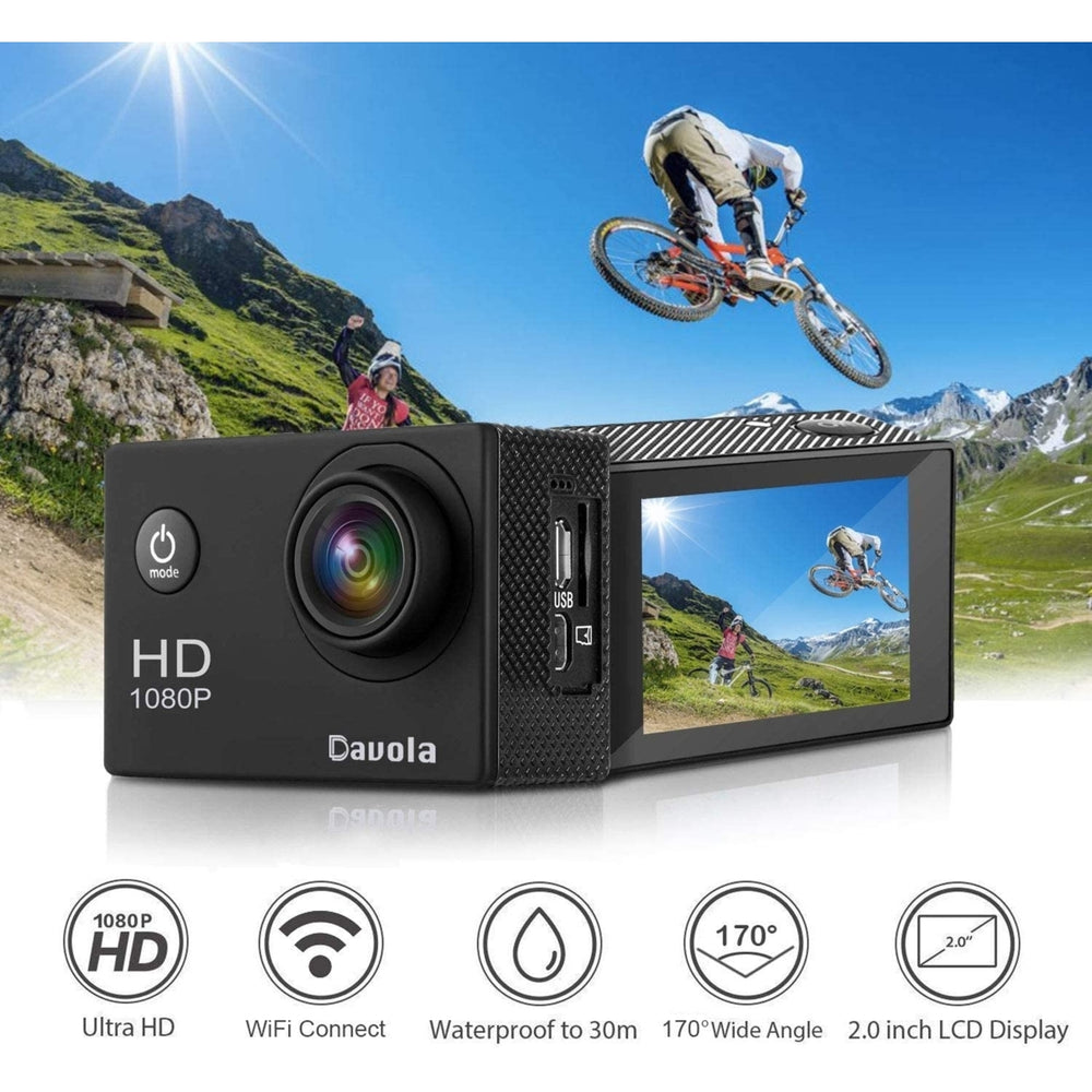Action Camera Davola 1080P WiFi Sports Camera 12MP Underwater Waterproof Camera with Wide-Angle Lens and Mounting Image 2