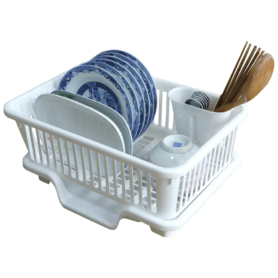 Plastic Dish Rack with Drain Board and Utensil Cup Image 1