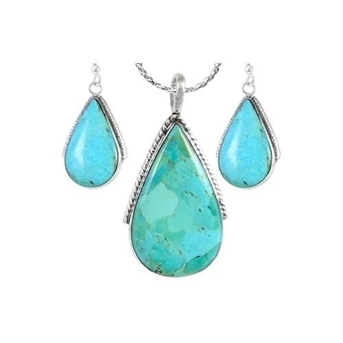 925 Sterling Silver Matching Genuine Turquoise Pendant and Earrings Set 20" Necklace Image 1