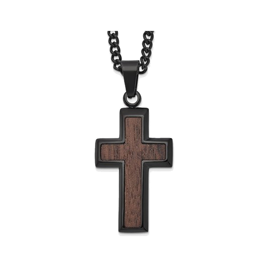 Mens Black Plated Stainless Steel Wood Inlay Cross Pendant Necklace with Chain Image 1
