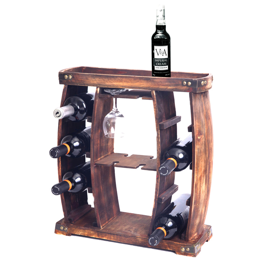 Decorative Wooden 8 Bottle Rustic Wine Rack with Glasses Holder Image 1