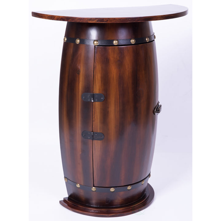 Rustic Lockable Barrel Shaped Wine Bar Cabinet Wooden End Table Image 3