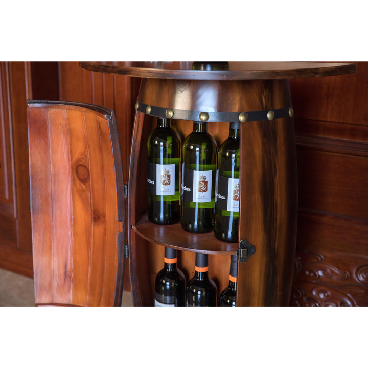 Rustic Lockable Barrel Shaped Wine Bar Cabinet Wooden End Table Image 4