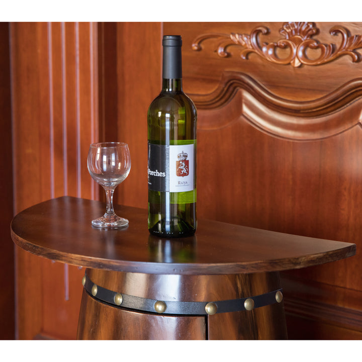 Rustic Lockable Barrel Shaped Wine Bar Cabinet Wooden End Table Image 6