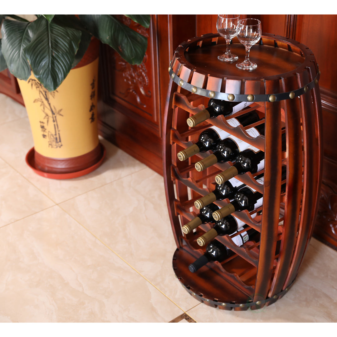Rustic Barrel Shaped Wooden Wine Rack for 23 Bottles Image 4