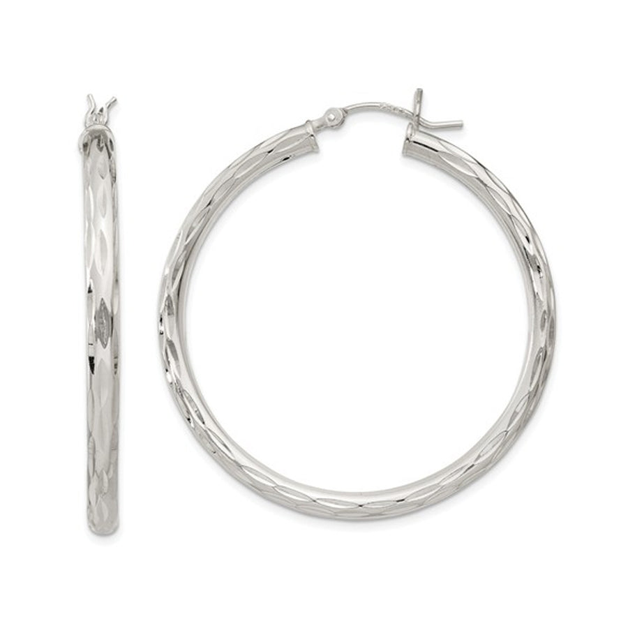Sterling Silver Large Diamond Cut Satin Polished Hoop Earrings (1 3/4 Inches) Image 1