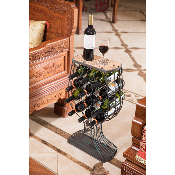 Vintage Decorative Wooden Metal Goblet Shaped Freestanding Wine Rack with Cork Holder Image 4