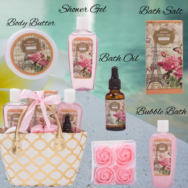 Draizee Spa Gift Bag for Woman w/ British Rose Fragrance Luxury Skin Care Set - Shower GelBubble BathBody ButterBath Image 4
