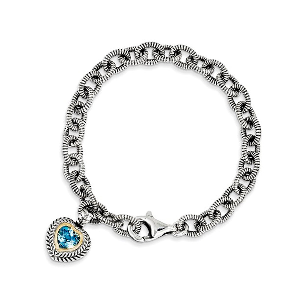 Sterling Silver with 14K Gold Accent Heart Swiss Blue Topaz Bracelet (2.0 Carat) Image 2
