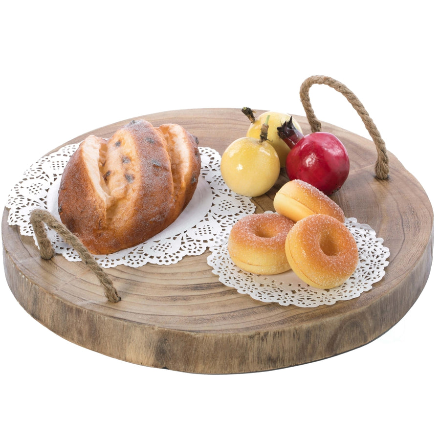 Wood Round Tray Serving Platter Board with Rope Handles Image 1