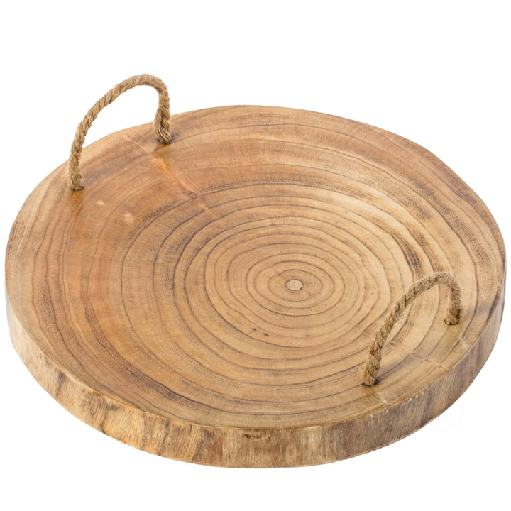 Wood Round Tray Serving Platter Board with Rope Handles Image 3
